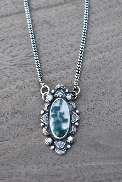 Moss Agate Stamped Pendant on a Curb Chain