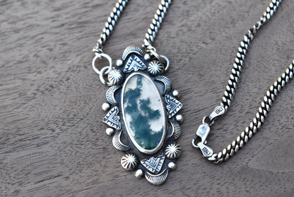 Moss Agate Stamped Pendant on a Curb Chain