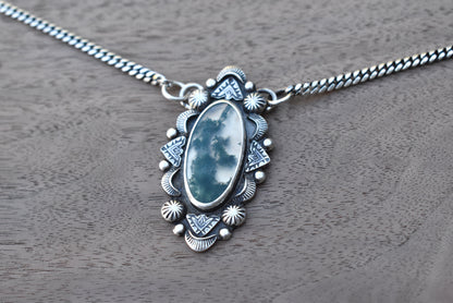 Moss Agate Stamped Pendant on a Curb Chain