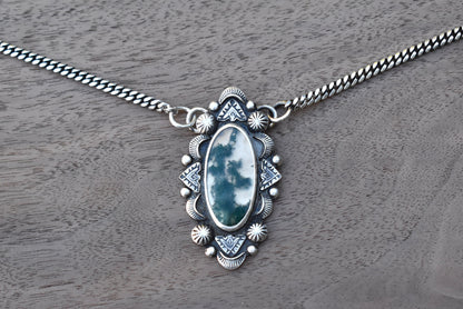 Moss Agate Stamped Pendant on a Curb Chain