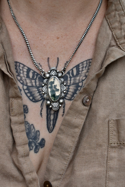 Moss Agate Stamped Pendant on a Curb Chain