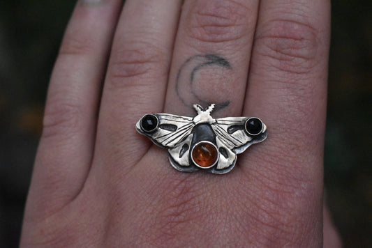 Pre-Order Moth Ring with Black Onyx & Baltic Amber