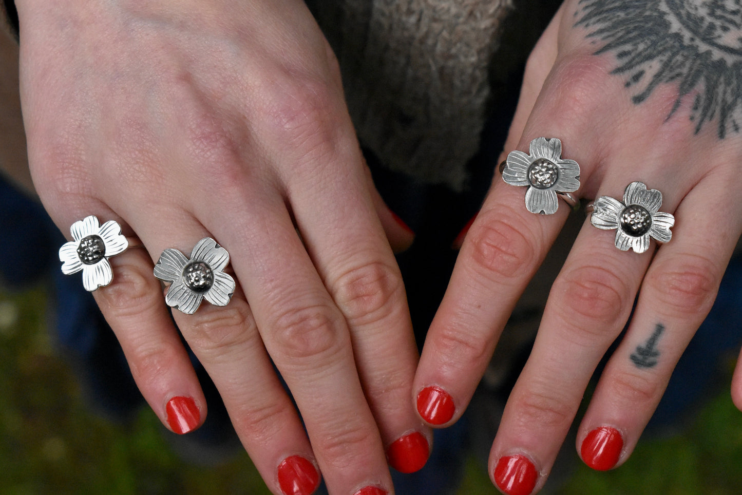 Silver Dogwood Flower Ring Size 7.5