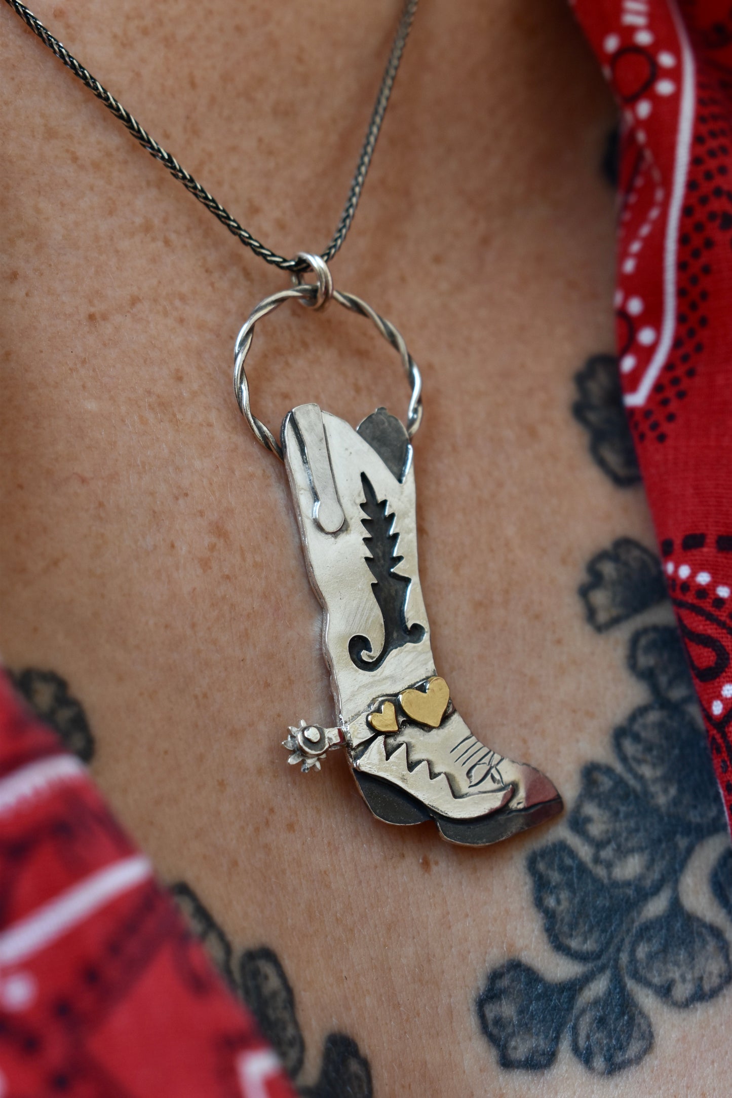Made to Order- Cowboy Boot Pendant with Brass Hearts