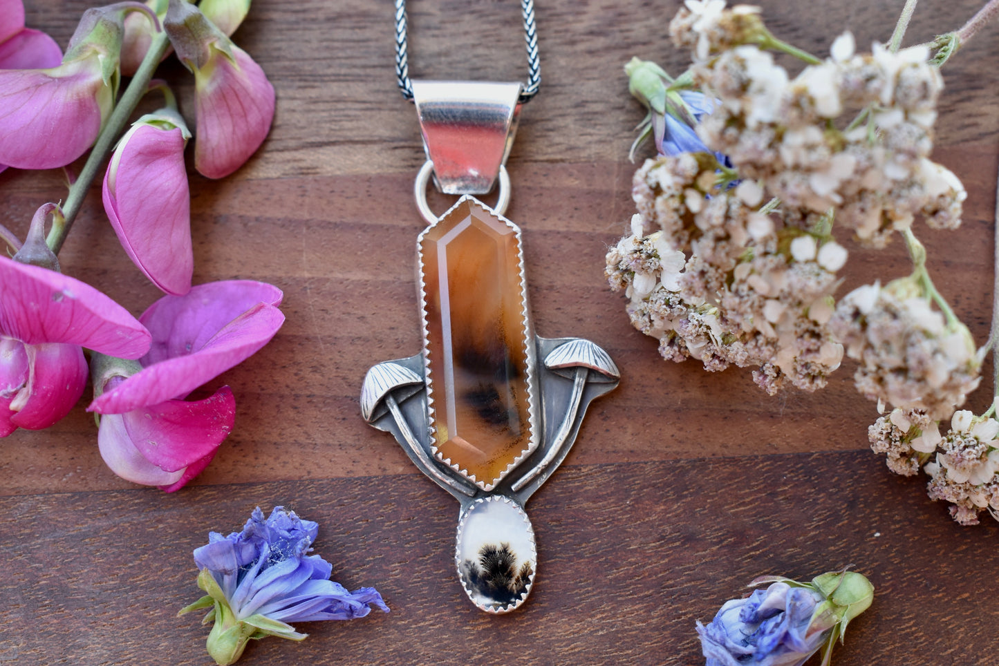 Mushroom Pendant with Montana Agate & Dendritic Agate