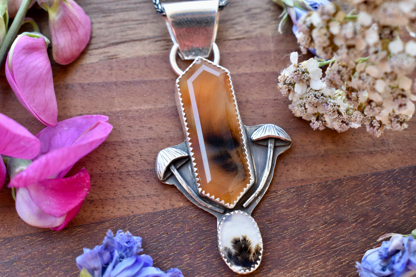 Mushroom Pendant with Montana Agate & Dendritic Agate