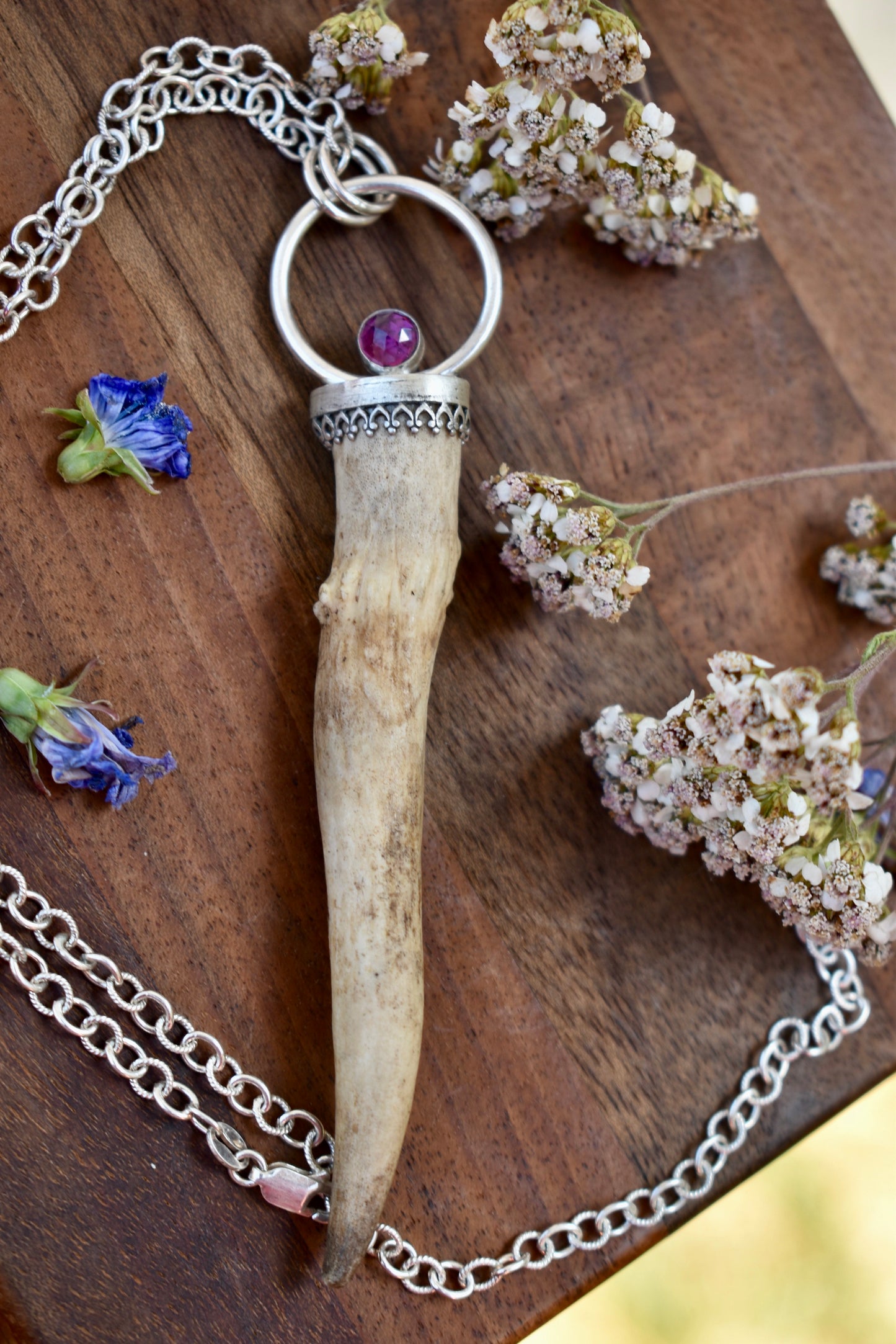 Antler Pendant with Rhodolite Garnet