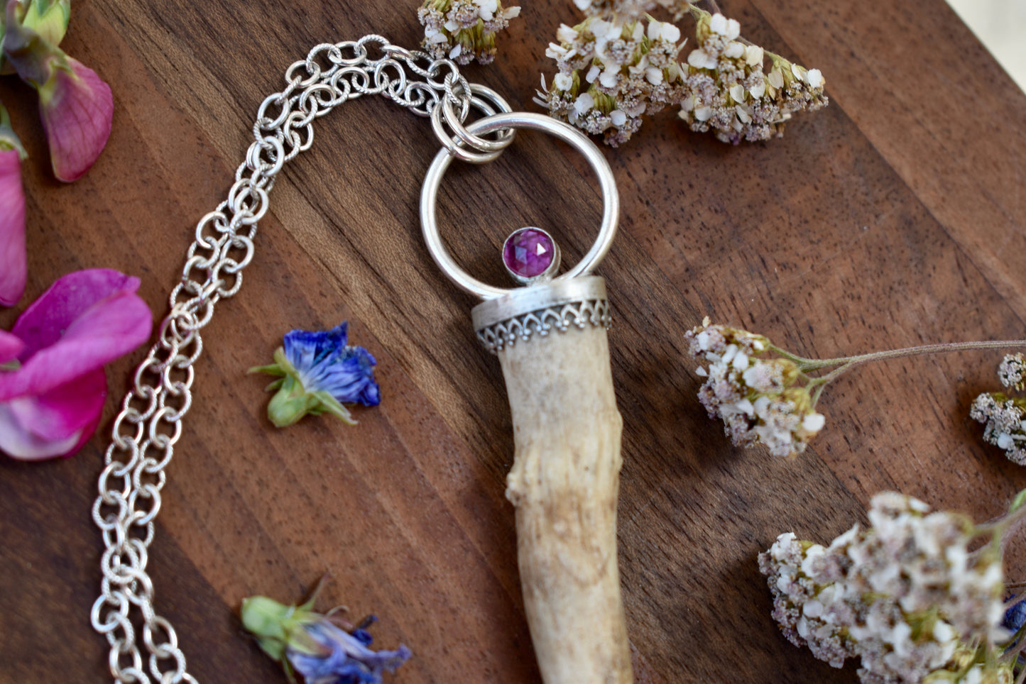 Antler Pendant with Rhodolite Garnet