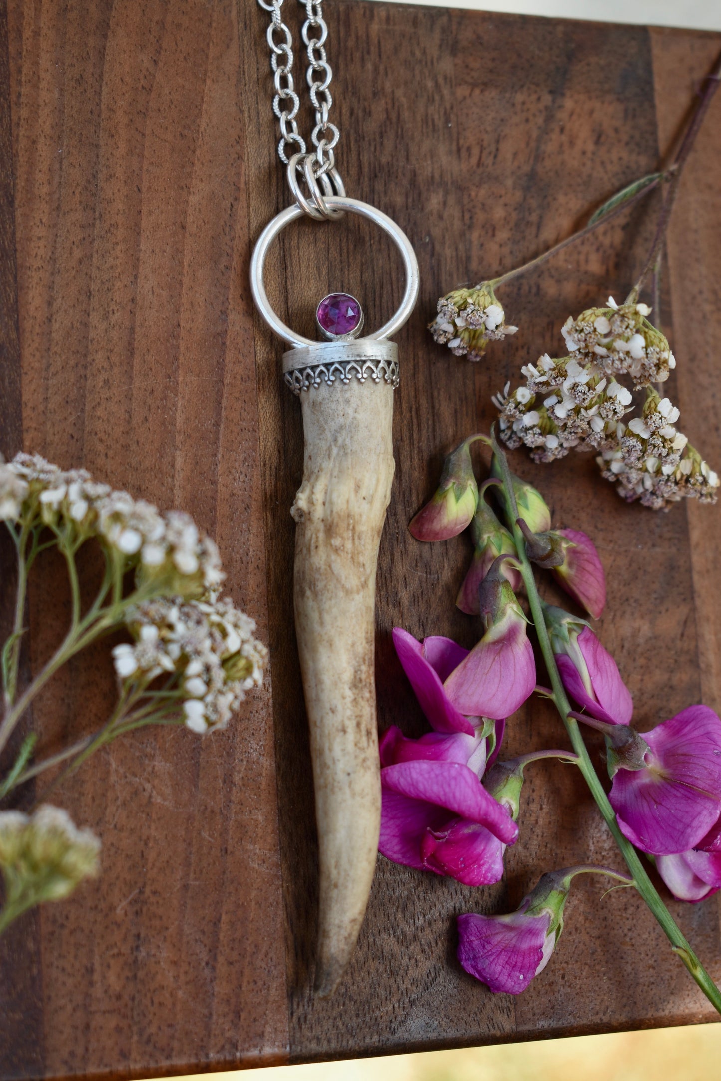 Antler Pendant with Rhodolite Garnet