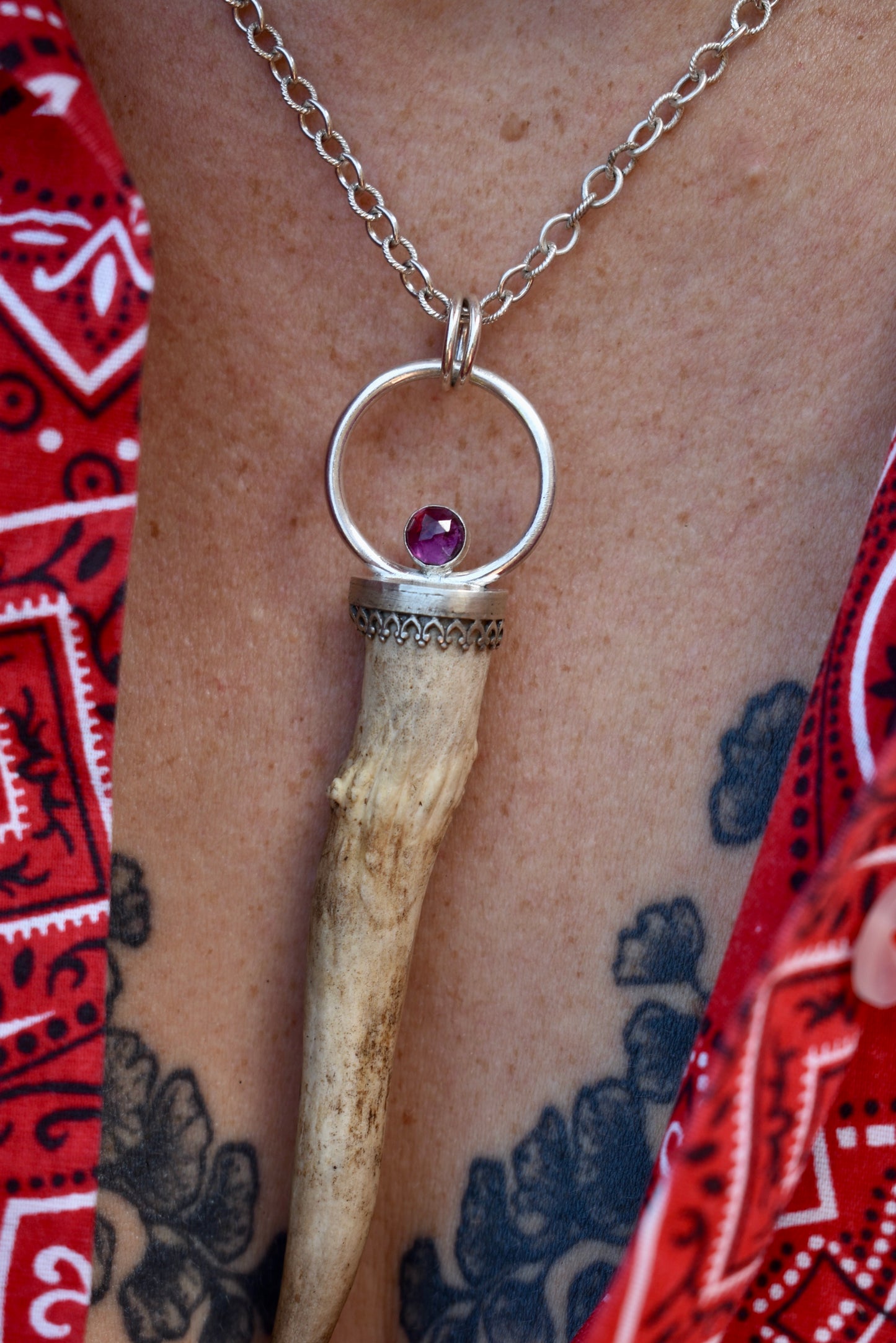 Antler Pendant with Rhodolite Garnet