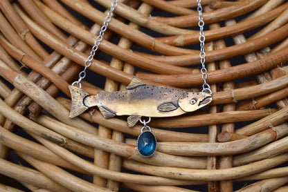 Brass Salmon Pendant with Teal Moss Kyanite Horizontal