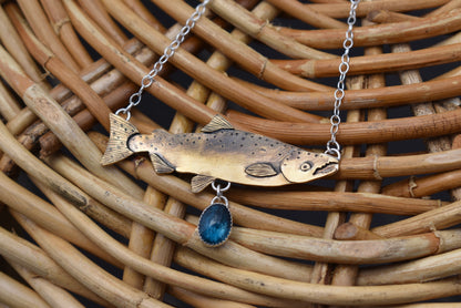 Brass Salmon Pendant with Teal Moss Kyanite Horizontal