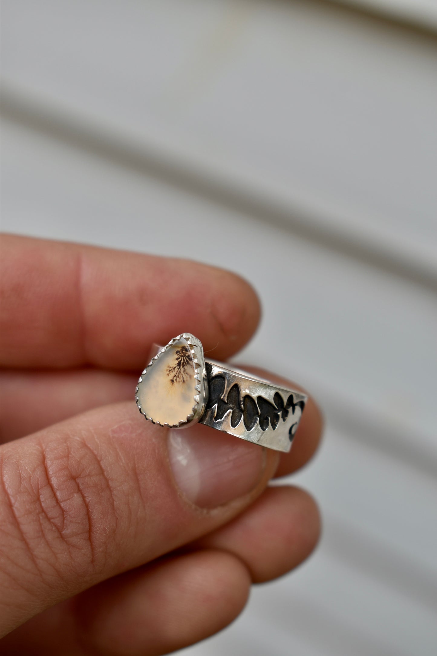 Flora Banded Dendritic Agate Ring Size 8.5