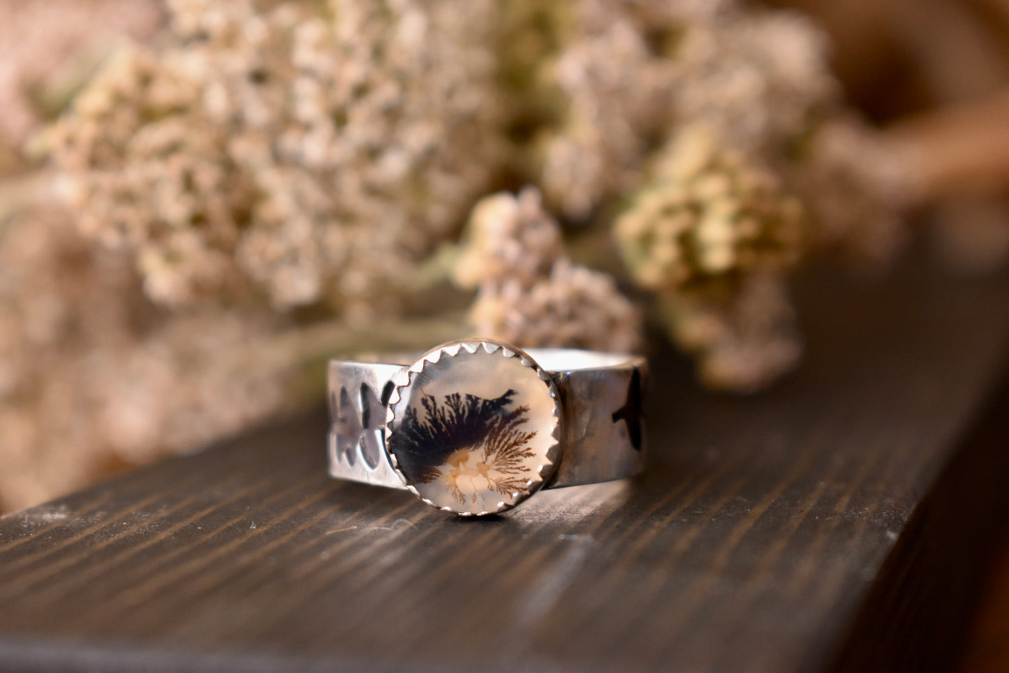 Flora Banded Dendritic Agate Ring Size 8.5