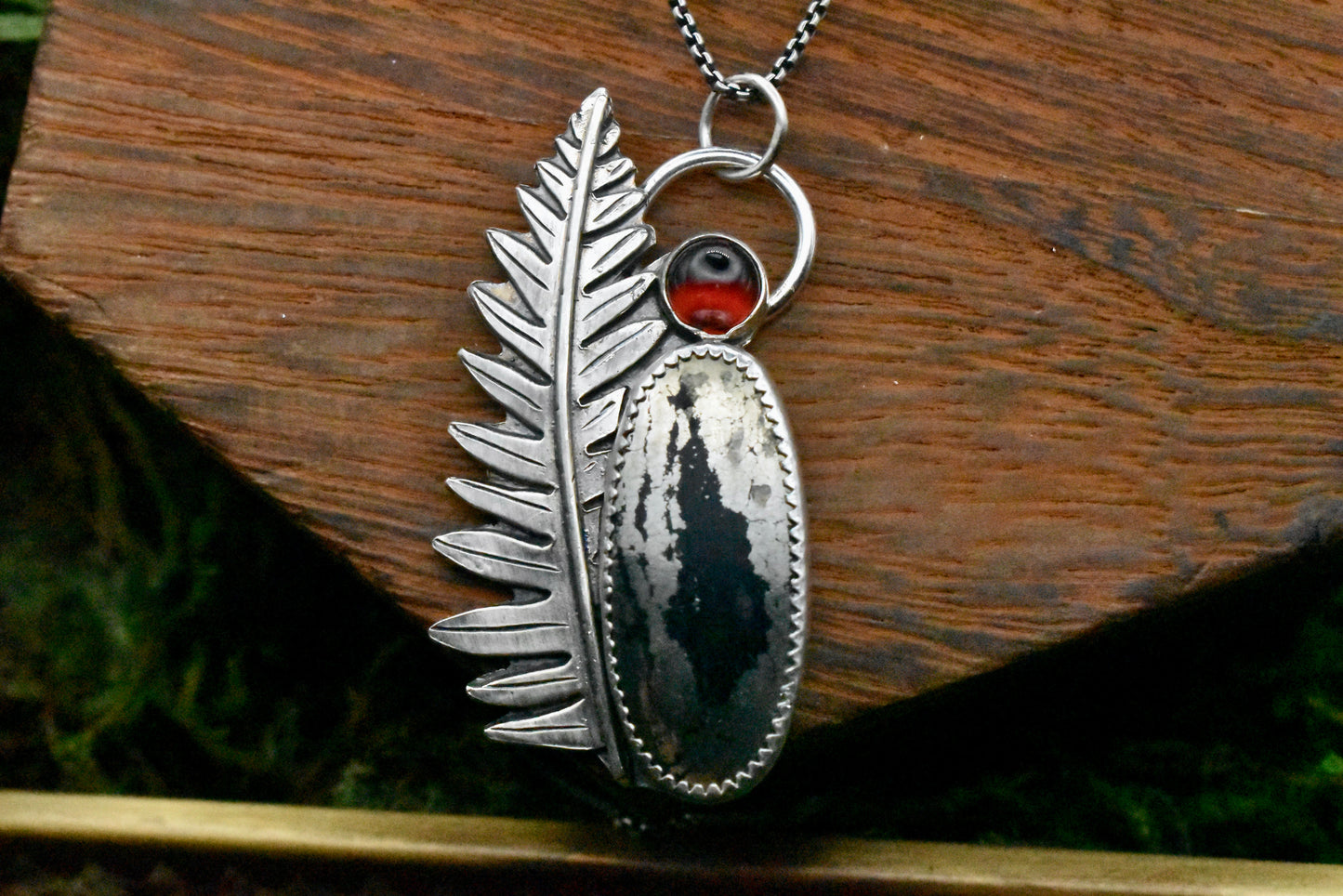 Fern Pendant with Apache Gold and Garnet