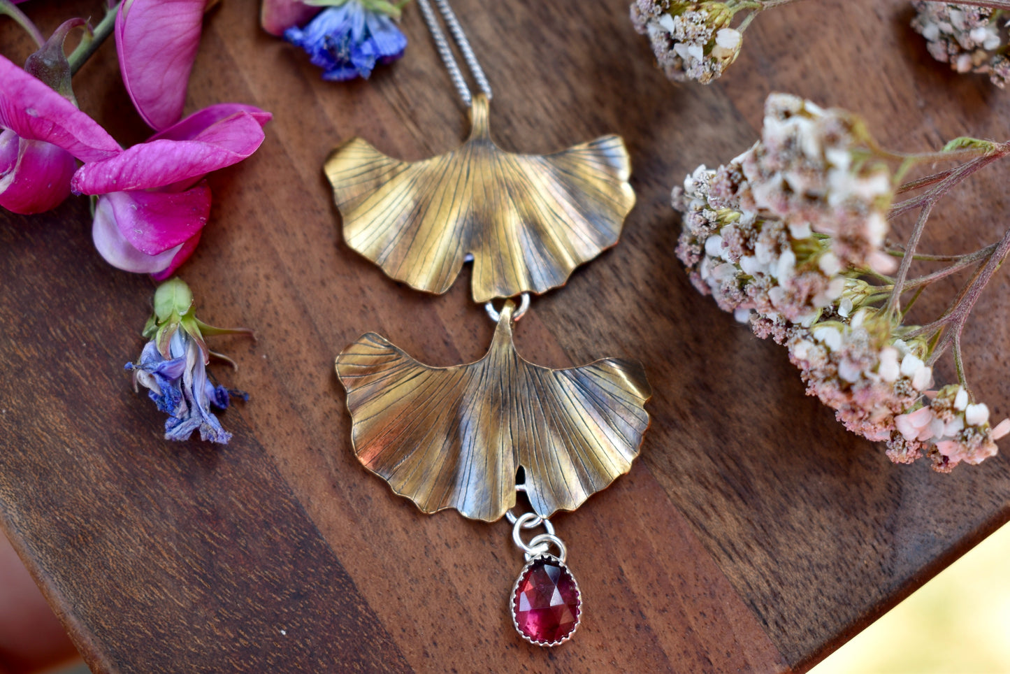 Double Brass Ginkgo Pendant with Garnet