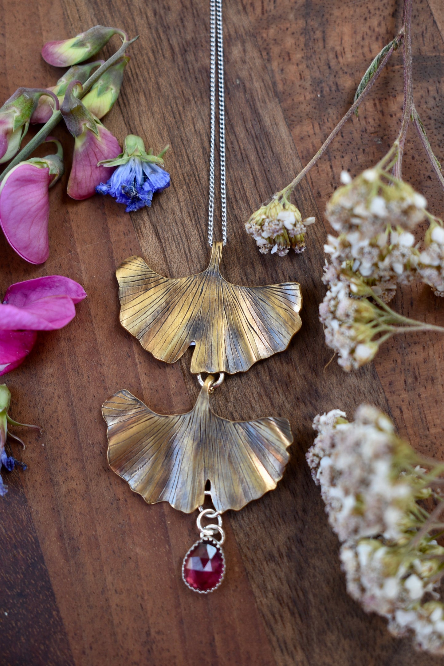 Double Brass Ginkgo Pendant with Garnet