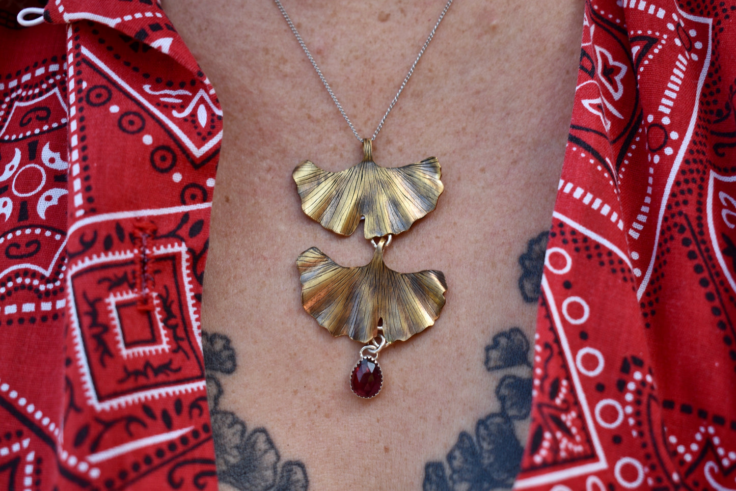 Double Brass Ginkgo Pendant with Garnet