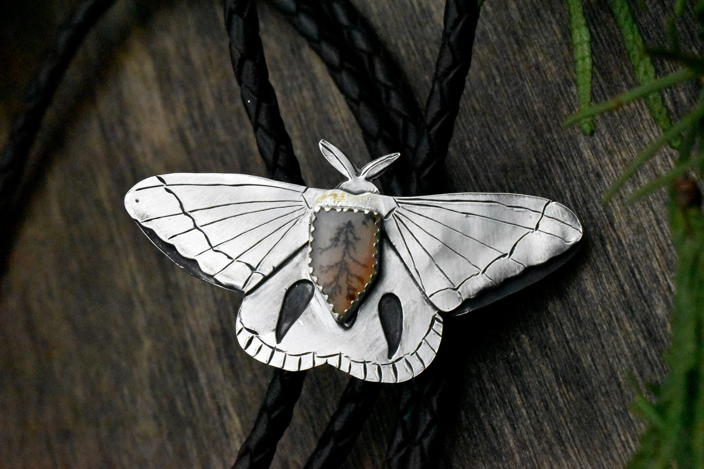 Moth Bolo Tie with Dendritic Agate