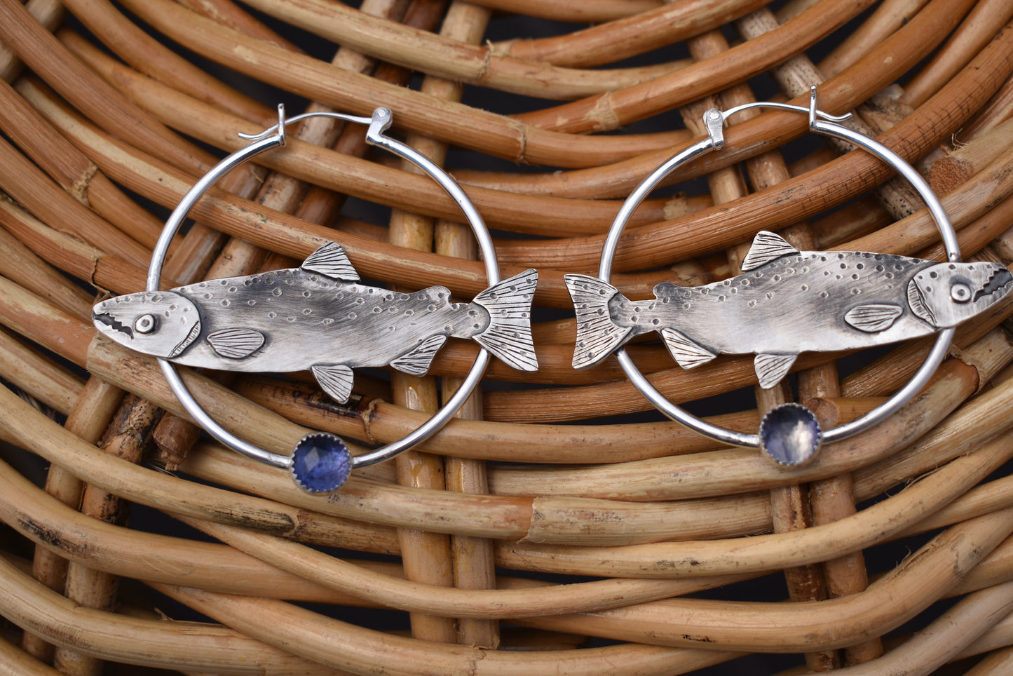 Silver Salmon Hoops with Iolite: Standard Pierced Ears