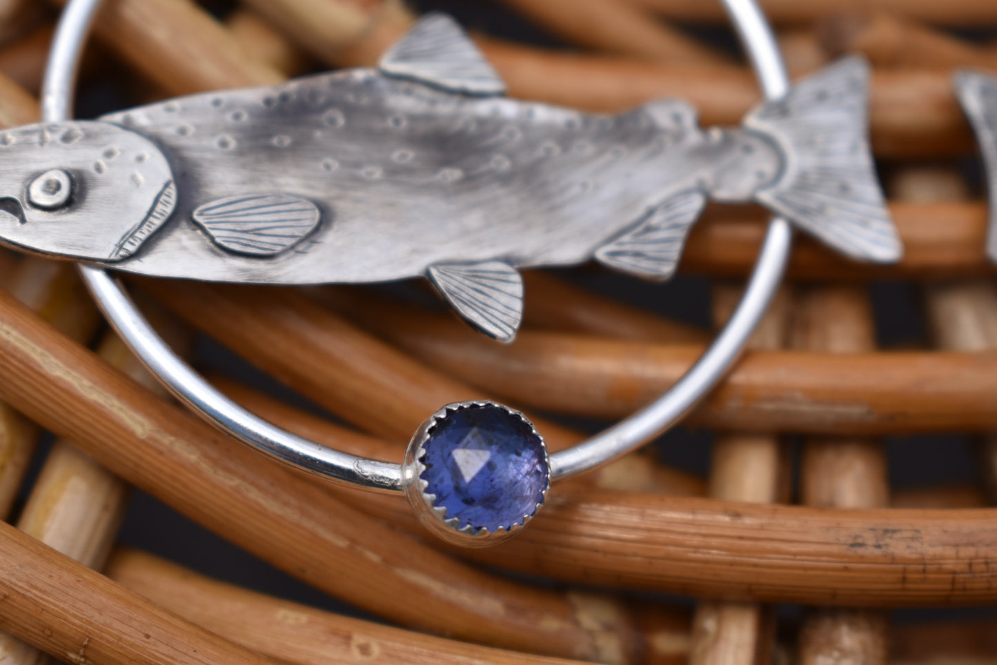 Silver Salmon Hoops with Iolite: Standard Pierced Ears