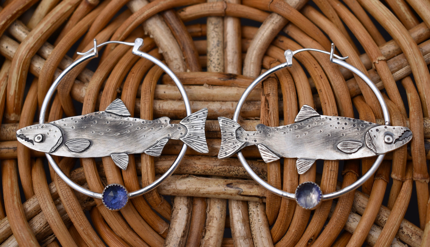 Silver Salmon Hoops with Iolite: Standard Pierced Ears