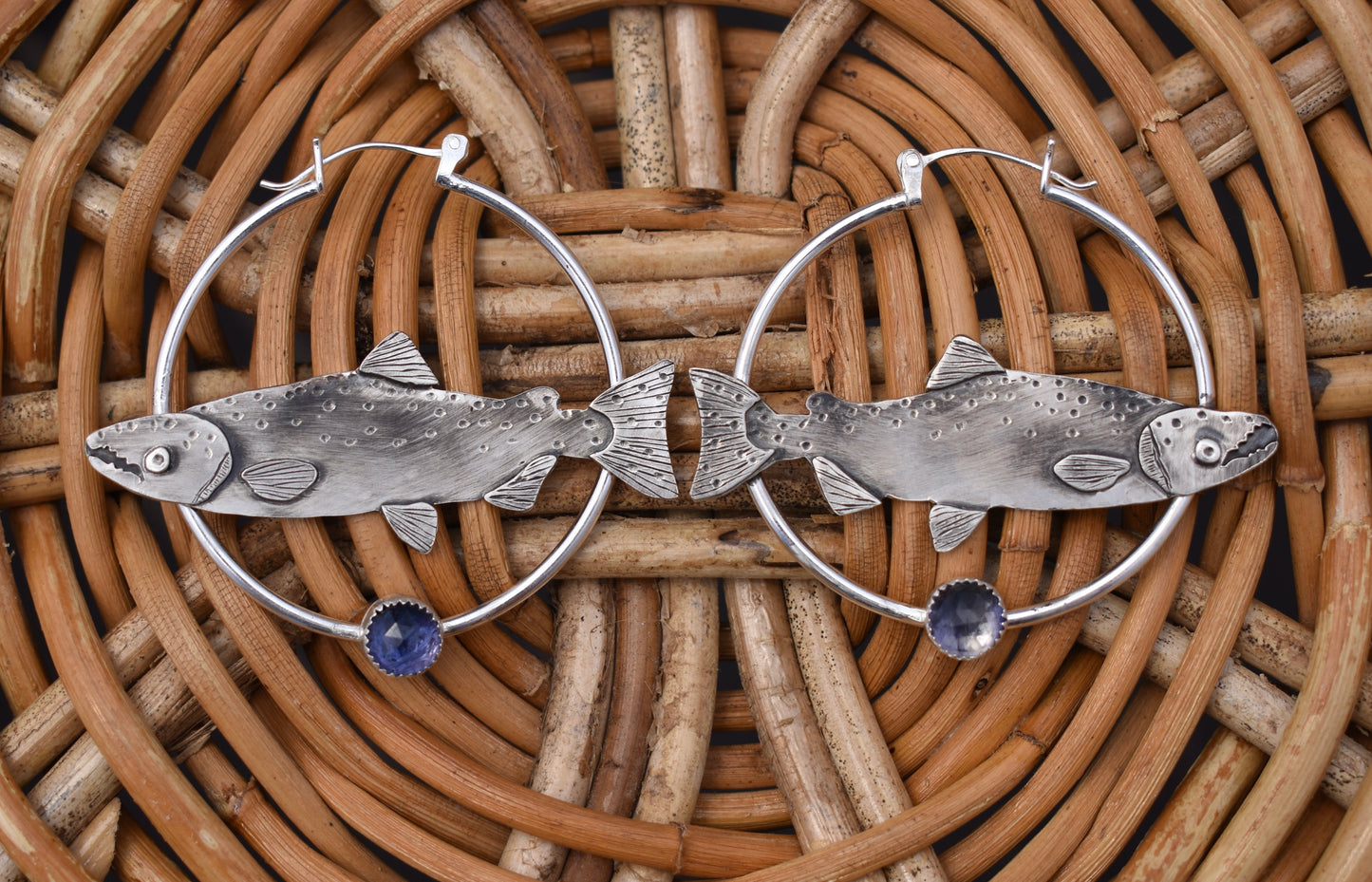 Silver Salmon Hoops with Iolite: Standard Pierced Ears