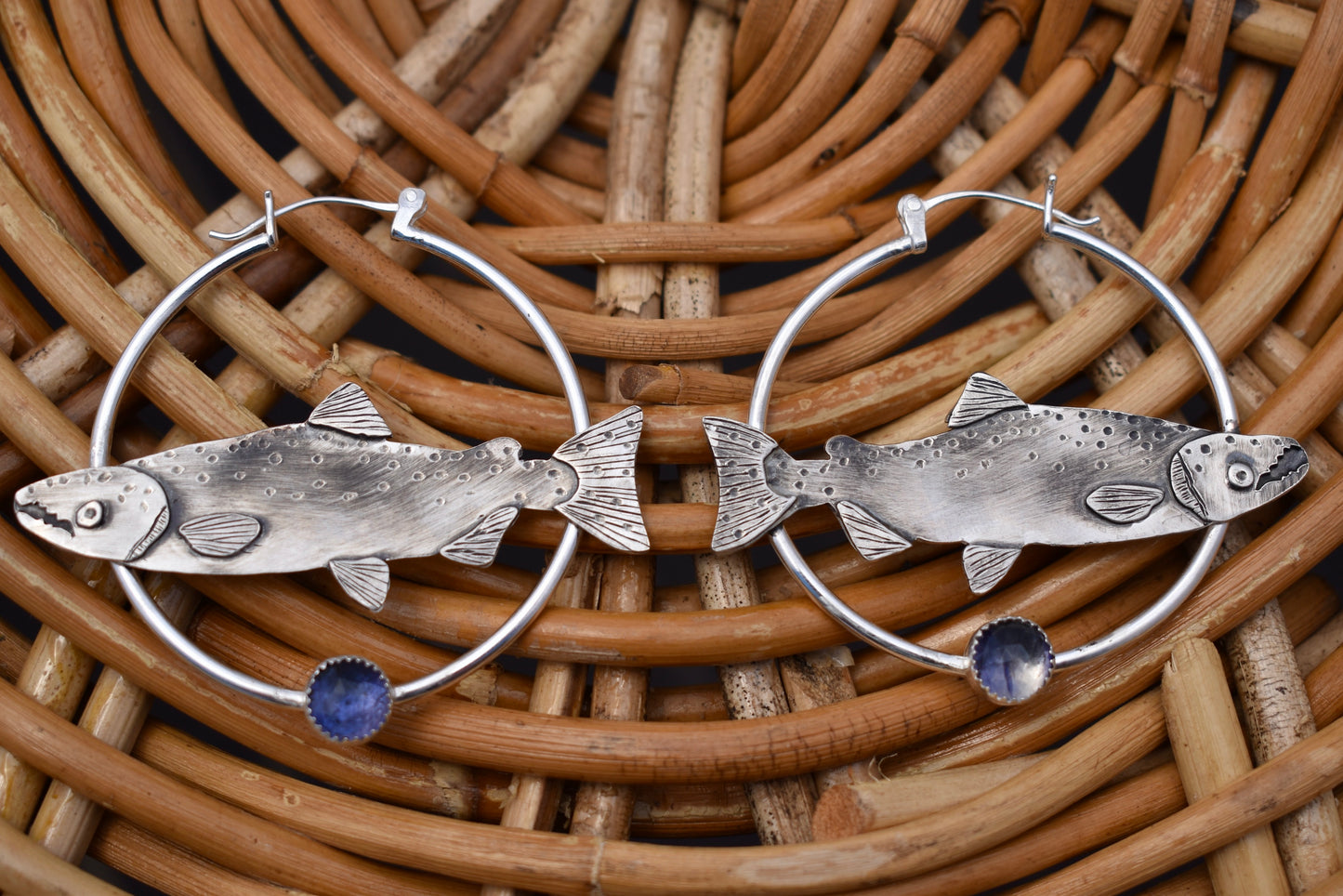 Silver Salmon Hoops with Iolite: Standard Pierced Ears