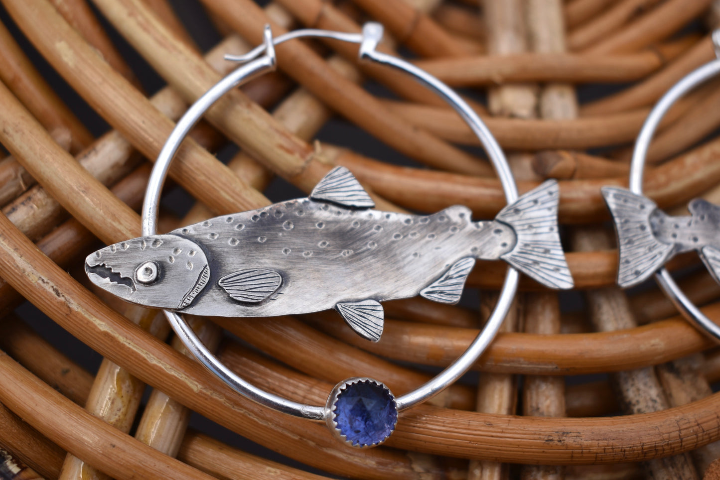 Silver Salmon Hoops with Iolite: Standard Pierced Ears