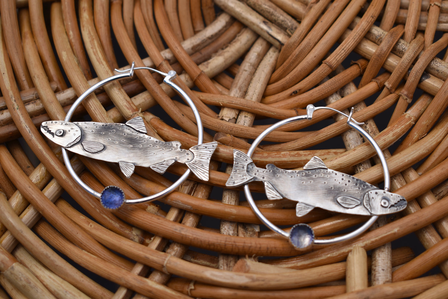 Silver Salmon Hoops with Iolite: Standard Pierced Ears