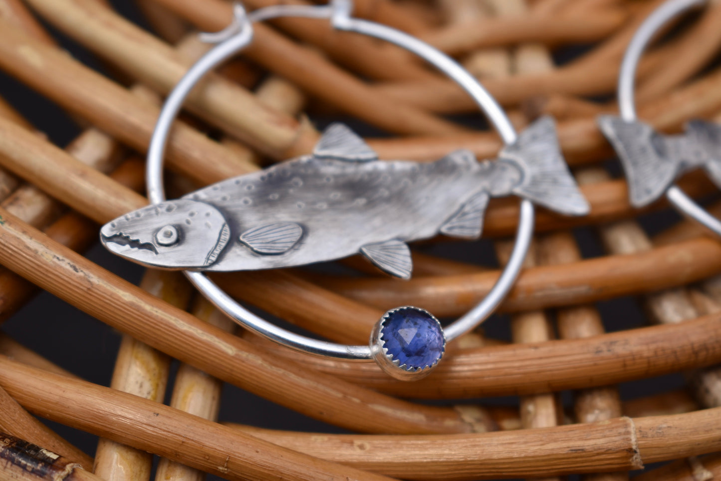 Silver Salmon Hoops with Iolite: Standard Pierced Ears