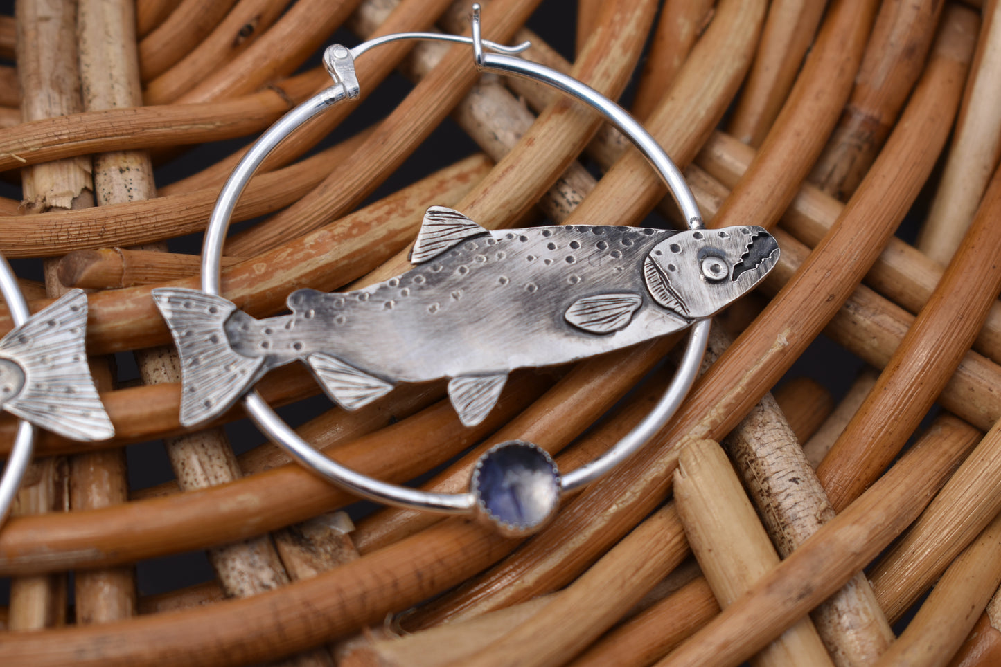 Silver Salmon Hoops with Iolite: Standard Pierced Ears