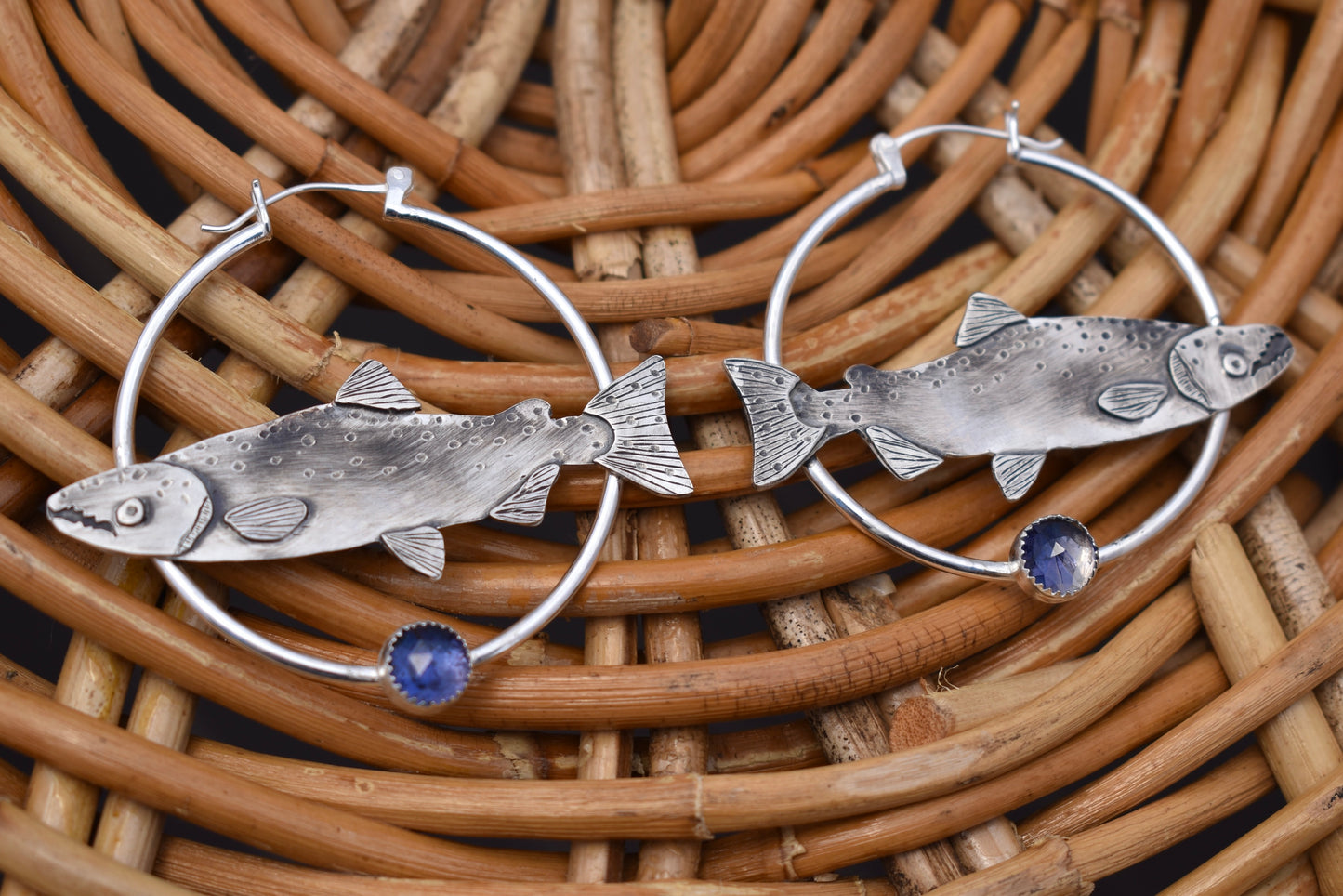 Silver Salmon Hoops with Iolite: Standard Pierced Ears